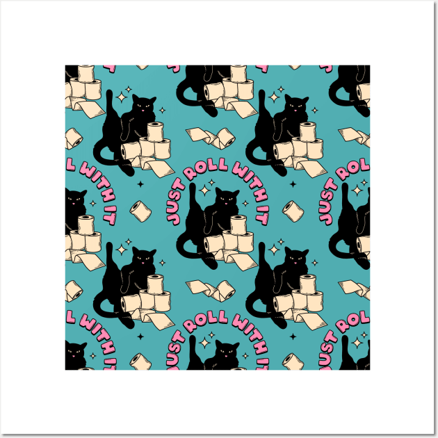 Roll with it Black Cat Pattern in blue Wall Art by The Charcoal Cat Co.